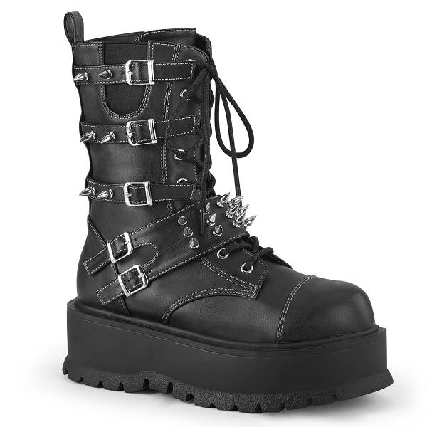 Demonia Women's Slacker-165 Platform Mid Calf Boots - Black Vegan Leather D4629-83US Clearance